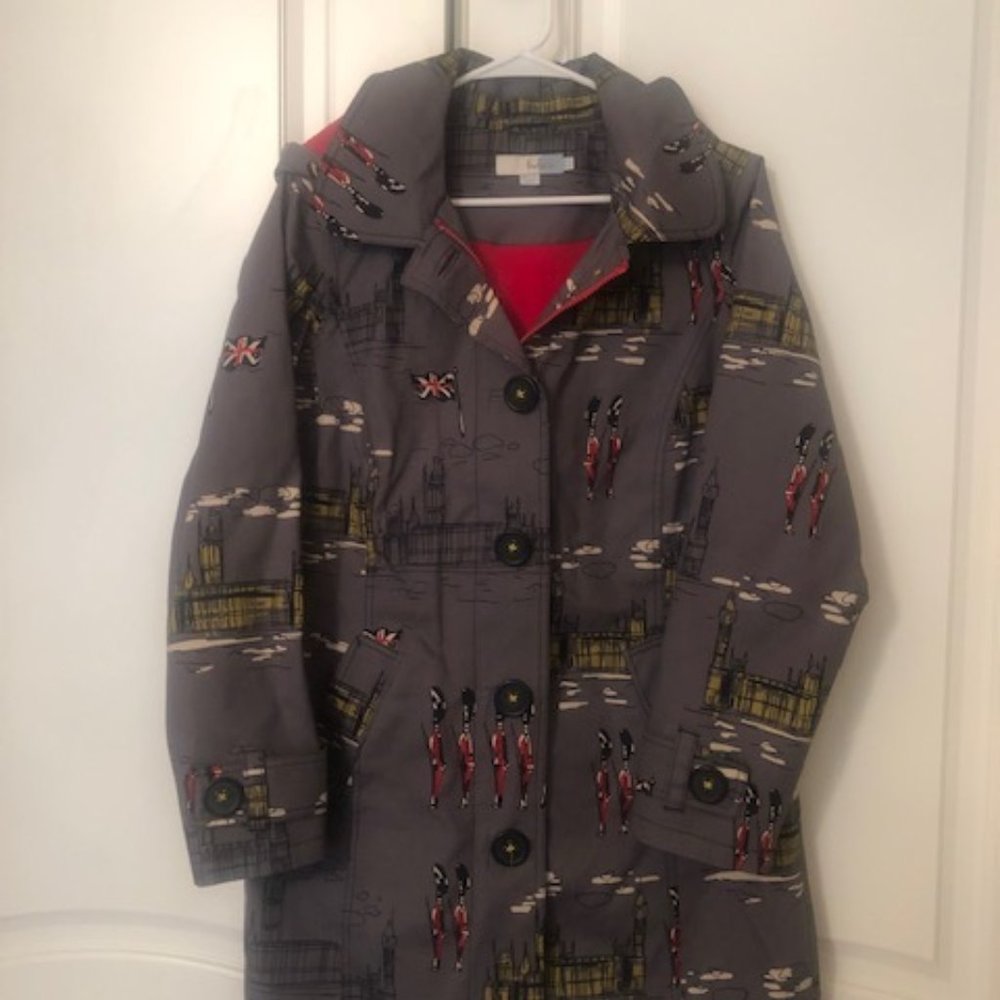 Boden Gray London Landmark Print Trench Coat with Red Lining
